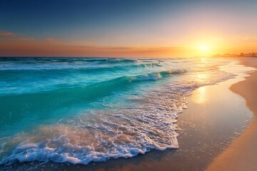 Coastal Serenity: Waves Embrace the Shore at Sunset