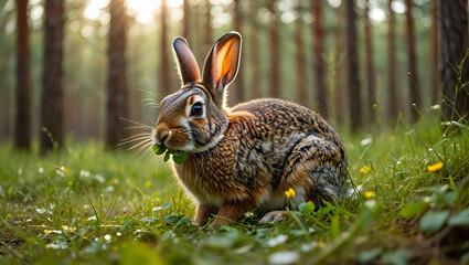 Enchanting fairy with shimmering wings flies through a mystical forest at twilight