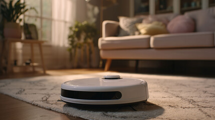 AI powered robot vacuum cleaner for smart home on carpet in cozy living room with sofa and sunlight