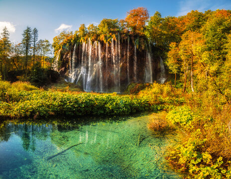 Amazing turquoise water in Plitvice Lakes National Park, Croatia. World heritage site. autumn landscape