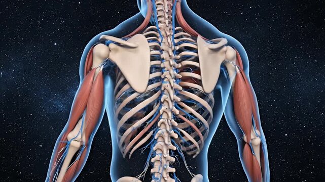 Explore the Human Upper Body Detailed 3D Anatomy of Skeleton Muscles and Veins Against a Cosmic Background for Medical  Scientific Visualization