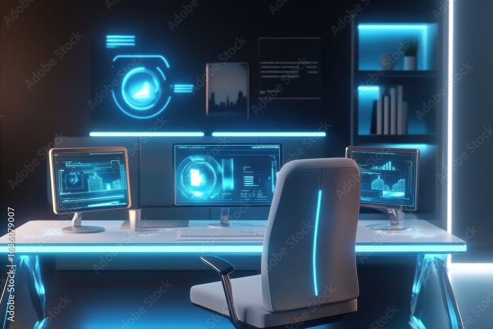 Aufkleber futuristic workspace with glowing technology and multiple computer screens at night