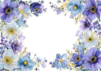 Floral frame of light purple, lavender, and blue flowers