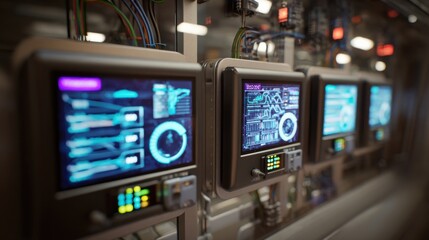 Closeup view of innovative control panels used in the modular pumpedhydro systems featuring digital screens displaying realtime data and energy flow metrics framed by intricate wiring