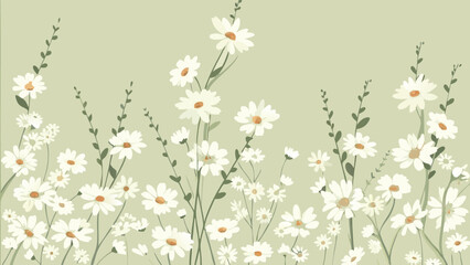 Illustration of a field of white daisies with green stems against a light green background image art