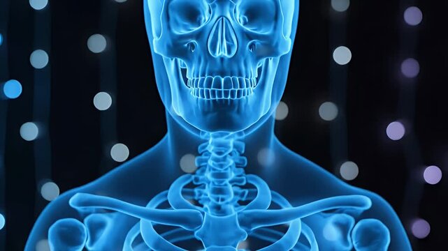 Futuristic 3D X-ray view of human skeleton with blue glowing bones and advanced medical technology background Detailed anatomical structure for science and healty