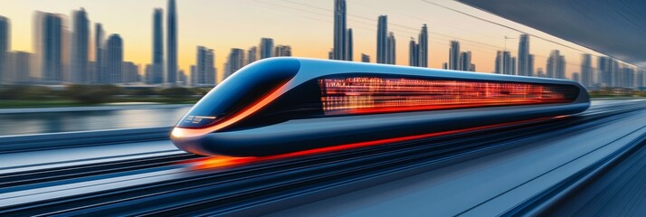 Futuristic Hyperloop Pod Journey Through Advanced Town, Showcasing Modern Transportation Innovation