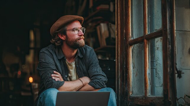 This image shows a man using a laptop in a calm, comfortable environment with natural light. It is suitable for content related to online work, lifestyle, or remote work.