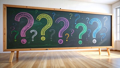 Chalkboard filled with colorful question marks