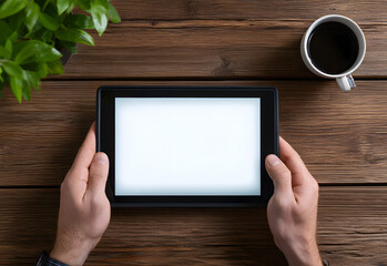 Hands holding a tablet with a blank white screen on a rustic wooden desk with coffee.