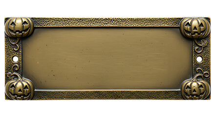 Front-facing vintage brass nameplate with Halloween pumpkin engraving and textured edges on transparent background
