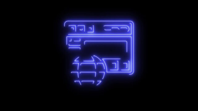 A neon blue outline of a web browser window with a globe icon overlaid, symbolizing the World Wide Web or internet access.