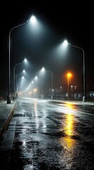 Rainy Night Street Scene with Fog and Bright Streetlights
