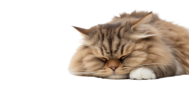 Brown cat sleeping calmly in relaxed position with soft fur texture and peaceful expression isolated on white background