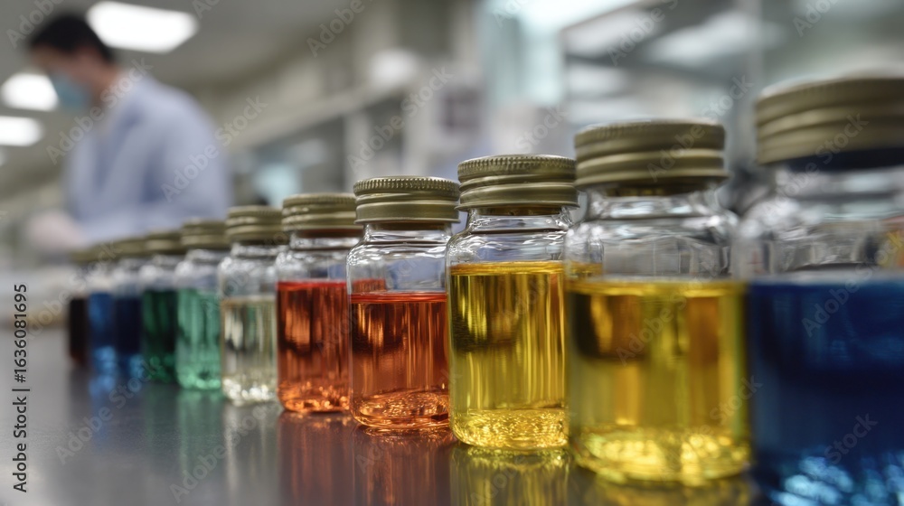 Poster medium shot of glass vials filled with colorful liquids arranged on a lab table sharp in the foregro