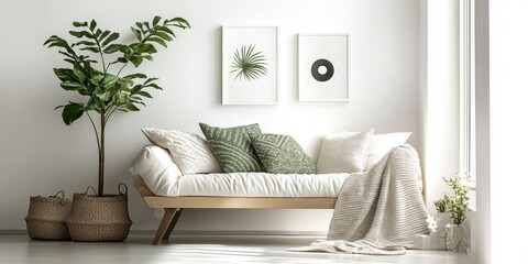 Scandinavian Room Design Featuring Tropical Plants, Modern Sofa, Cozy Pillows, and Stylish Decor