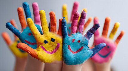 Vibrant painted hands of children with cheerful smiley faces, symbolizing creativity and joy.