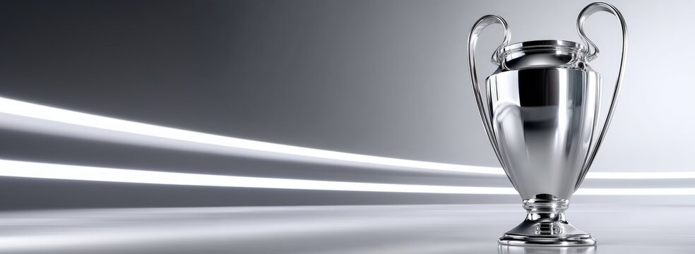 Silver trophy against abstract grey background with light trails. Concept of sport, championship, competition, tournament, prize.