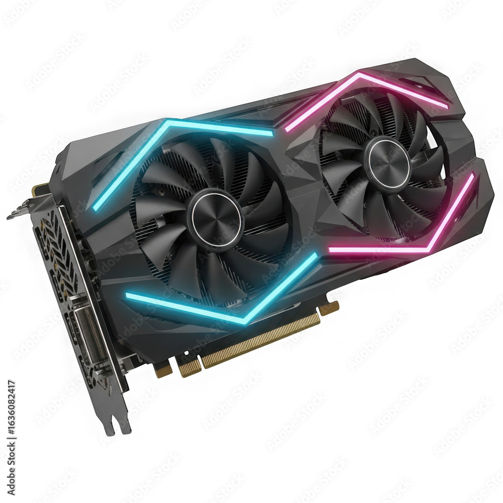 Poster modern computer graphics card with dual fans and rgb lighting isolated on transparent background