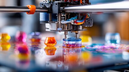 A closeup of a 3D printer module designed for creating optical components in microgravity featuring vibrant materials being extruded into intricate lens shapes with floating tools and