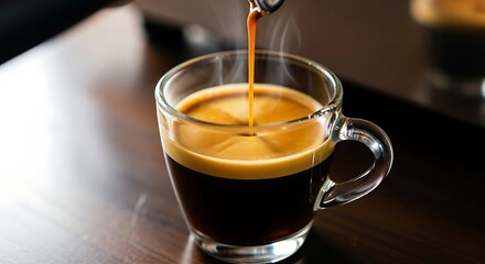 Steaming Espresso Shot Being Poured Into a Clear Glass Mug on Dark Table