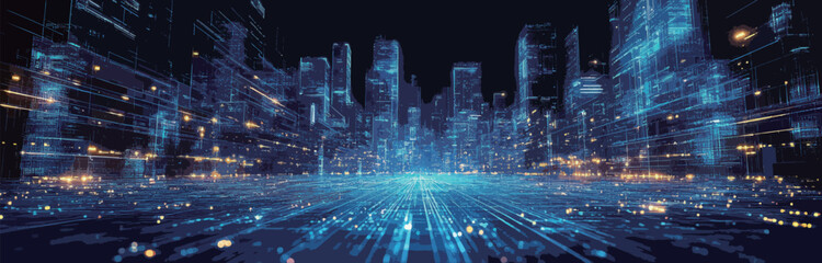 A cityscape with a blue sky and a city view. The city is lit up with lights and the sky is filled with stars