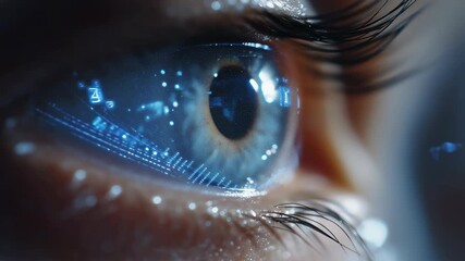 Extreme close-up cinematic video of human eye with glowing blue digital interface scanning biometric data – high-tech security concept in cool futuristic tones for cybersecurity visuals, AI innovation - Powered by Adobe