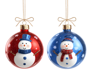 Two Christmas ornaments, one red with a snowman and the other blue with a snowman, isolated on a transparent background PNG
