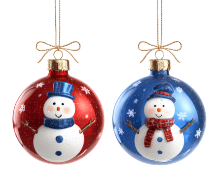 Two Christmas ornaments, one red with a snowman and the other blue with a snowman, isolated on a transparent background PNG