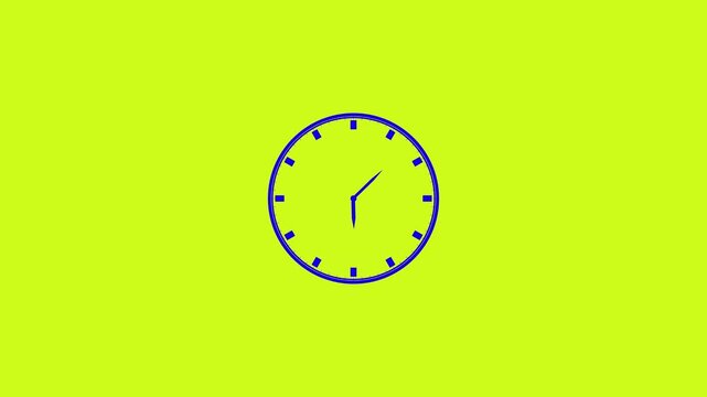 A simple blue clock with hands pointing to almost midnight on a bright yellow background