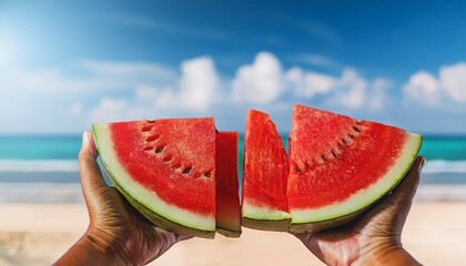 hands holding sliced watermelon on tropical beach background concept of refreshing summer fruit vacation seaside hydration exotic food and source of lycopene and potassium