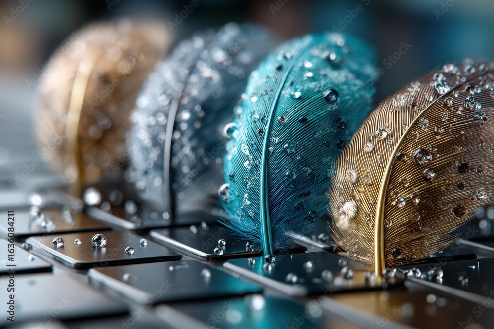 Poster colorful feathers with droplets resting on a shiny surface in a creative display