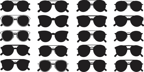 Sunglasses collection, various eyewear silhouettes, fashion accessories, black and white vector, different shapes, summer style, optical glasses set, trendy design illustration