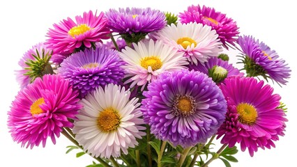 Fototapeta premium Beautiful bouquet of pink, purple, and white chrysanthemums on a white background