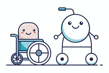 Adorable Cartoon Medical Mobility Aids Featuring a Person in a Wheelchair and a Futuristic Walker Smiling