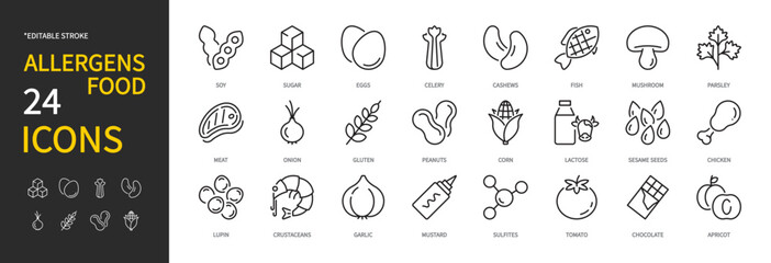 Allergens food icon set. Soy, sugar, eggs, celery, fish, meat, onion, gluten, lactose, sesame seeds, chicken, lupin, crustaceans, mustard, sulfites, tomato, etc. Vector illustration. Editable stroke.