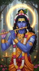 Krishna playing flute illustration, hindu god krishna, krishna wallpaper, hinduism, indian culture art