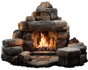 Stone fireplace with fire, transparent