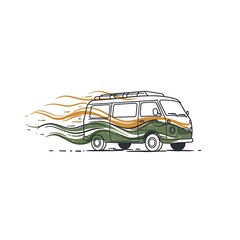 A vintage van illustrated with clean lines and a retro color palette. Dynamic streaks show movement, evoking the simple joy of travel and life on the road