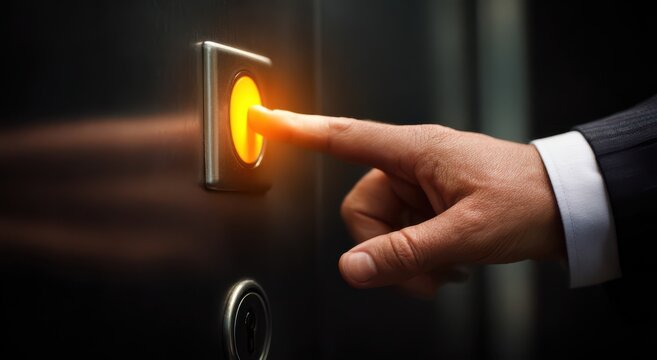 a man's hand in a suit pressing an orange button on a modern metal elevator door