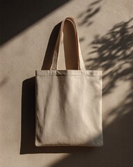 Minimalist flat lay shot of a plain canvas tote bag on a neutral background.