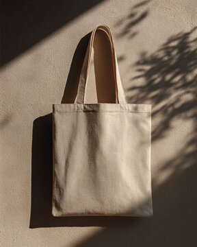 Minimalist flat lay shot of a plain canvas tote bag on a neutral background.