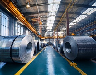 industrial steel coiling factory interior with large metal rolls and overhead cranes