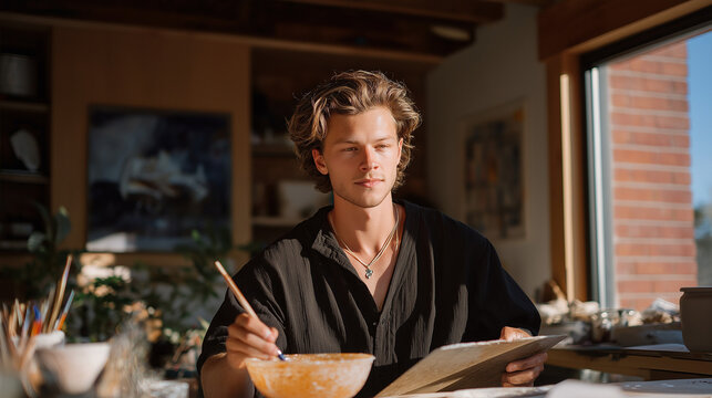 Pottery glazing process in a cozy studio with kiln and natural light