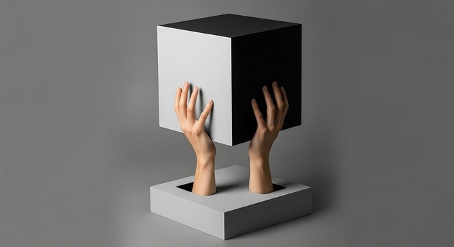 Surreal composition featuring disembodied hands holding a two-toned cube