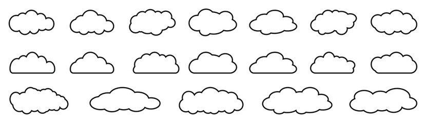 Set of Cloud Icon Black Line. Clouds vector Illustration with Weather Climate Symbol. Editable stroke thin line with Cartoon Bubble Sign.