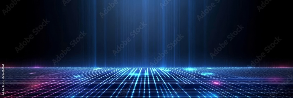 Poster futuristic neon grid surface with dynamic light streaks creating a virtual reality illusion art