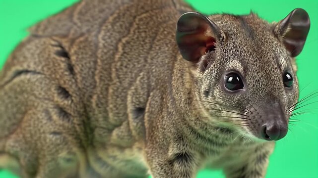 Alert Nocturnal Genet Portrait on Vibrant Green Studio Background, Ideal for Easy Isolation and Wildlife Education Projects