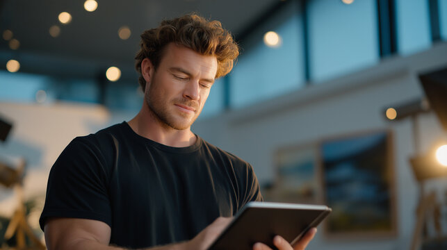 A photographer edits photos with tablet and studio lights in natural light
