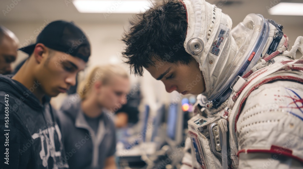 Poster trainer closely observing a space suit mobility test athlete in sharp focus while lab instruments an